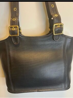 Black Vintage Leather Coach  Shoulder Tote with Gold-Tone Buckles